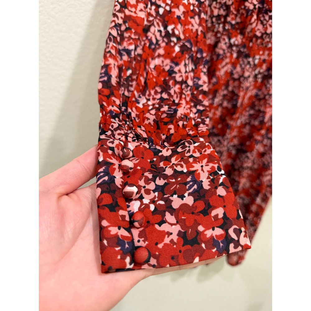 The Kooples Mini Floral Dress Red Medium V-Neck Long Sleeve Button Cuff Feminine - Picture 7 of 11